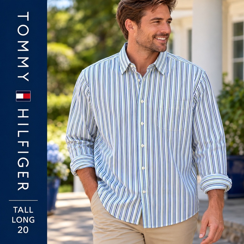 Tommy Hilfiger Button Down Shirt Big Tall Mens 20 Blue Green Striped Cotton